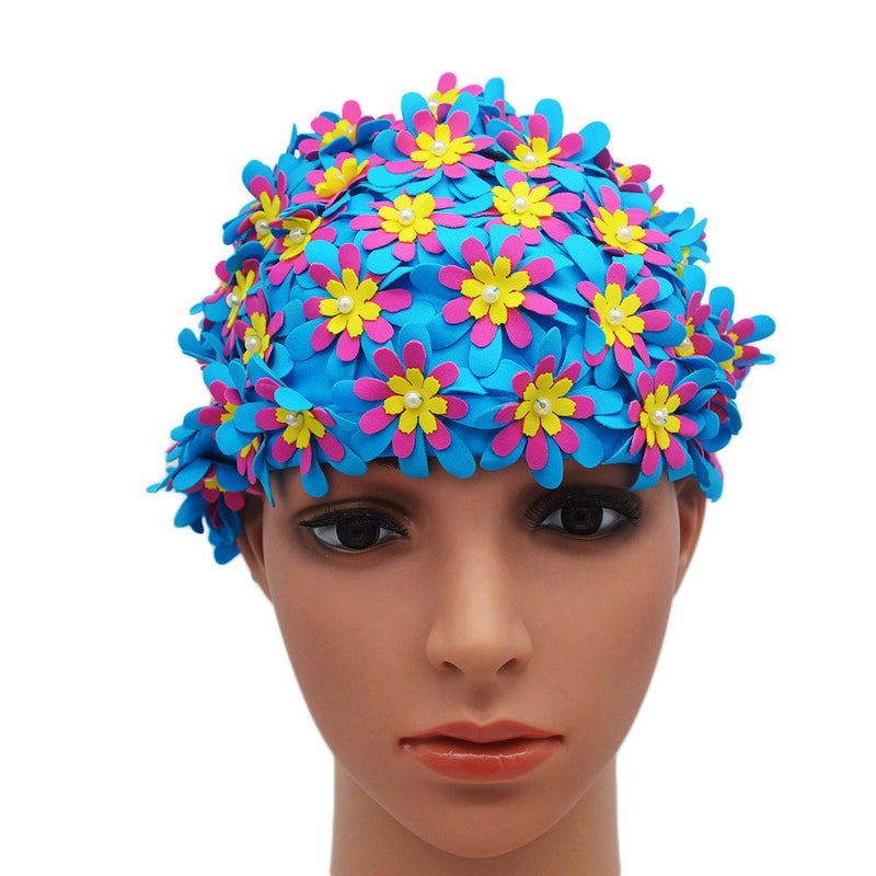 Medifier Swim Cap Floral Petal Retro Style Bathing Caps for Women Blue - Image 5
